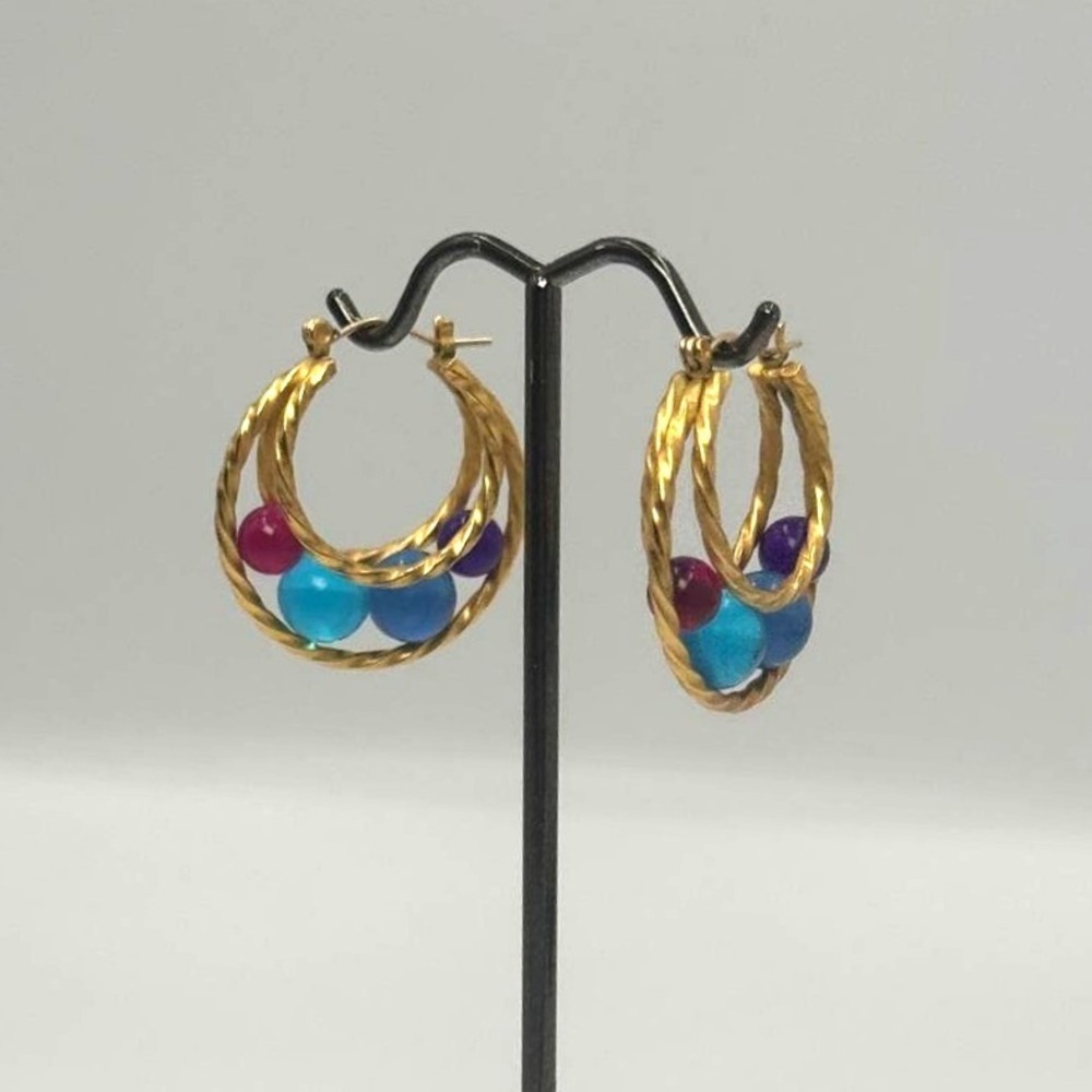 Vintage Gold Tone Double Twisted‎ Hoop Earrings with Multi Color Glass Beads